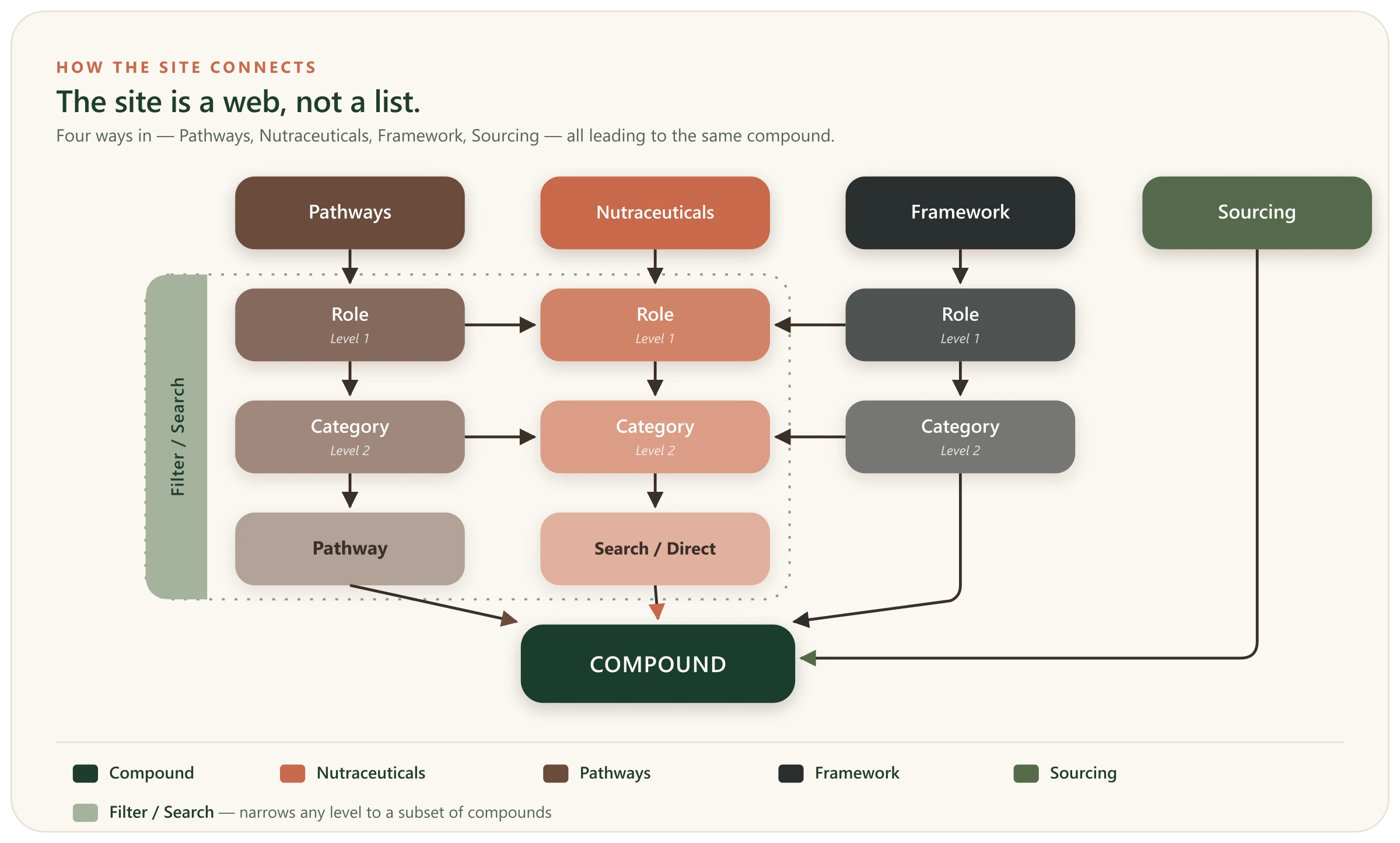 Diagram: the four top-level pages — Pathways, Nutraceuticals, Framework and Sourcing — each open downward through a Role (Level 1) and Category (Level 2) tier. A Filter and Search overlay spans the Pathways and Nutraceuticals levels, and roles and categories cross-link into the Nutraceuticals directory. Every route converges on a single compound: Pathways through a specific pathway, Nutraceuticals through search or a direct card, Framework through its category, and Sourcing straight to the compound.